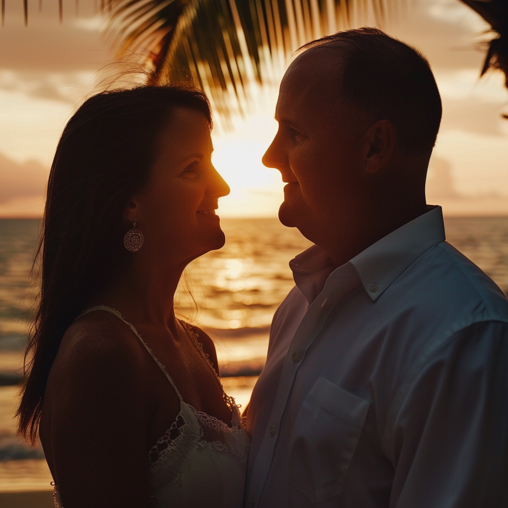 Close-up of a couple standing on the beach and looking at each other | Source: Midjourney