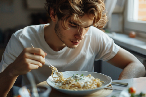 A man eating noodles | Source: Midjourney