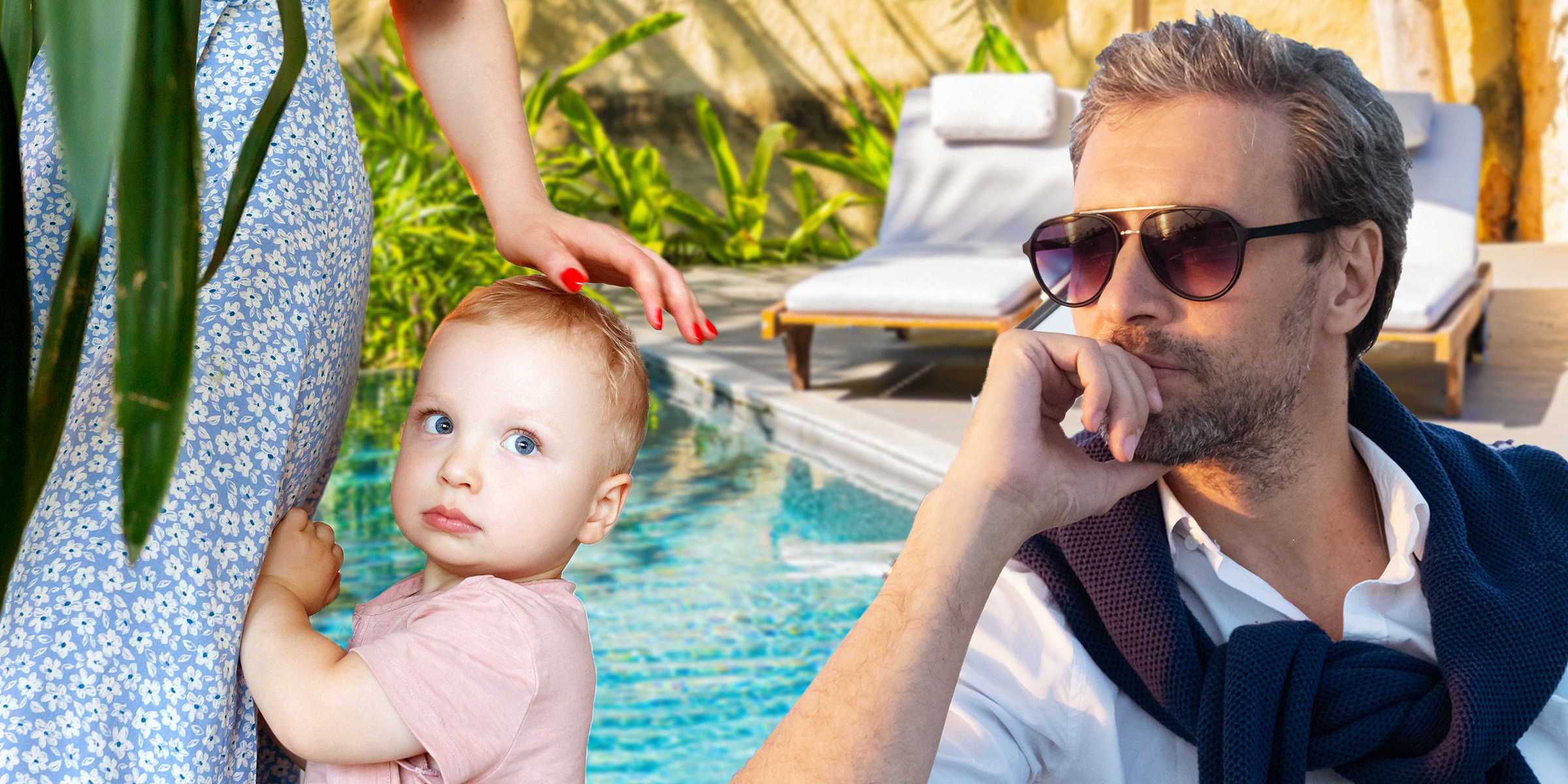 A mother with their son by the pool | A rich man by the pool | Source: Shutterstock