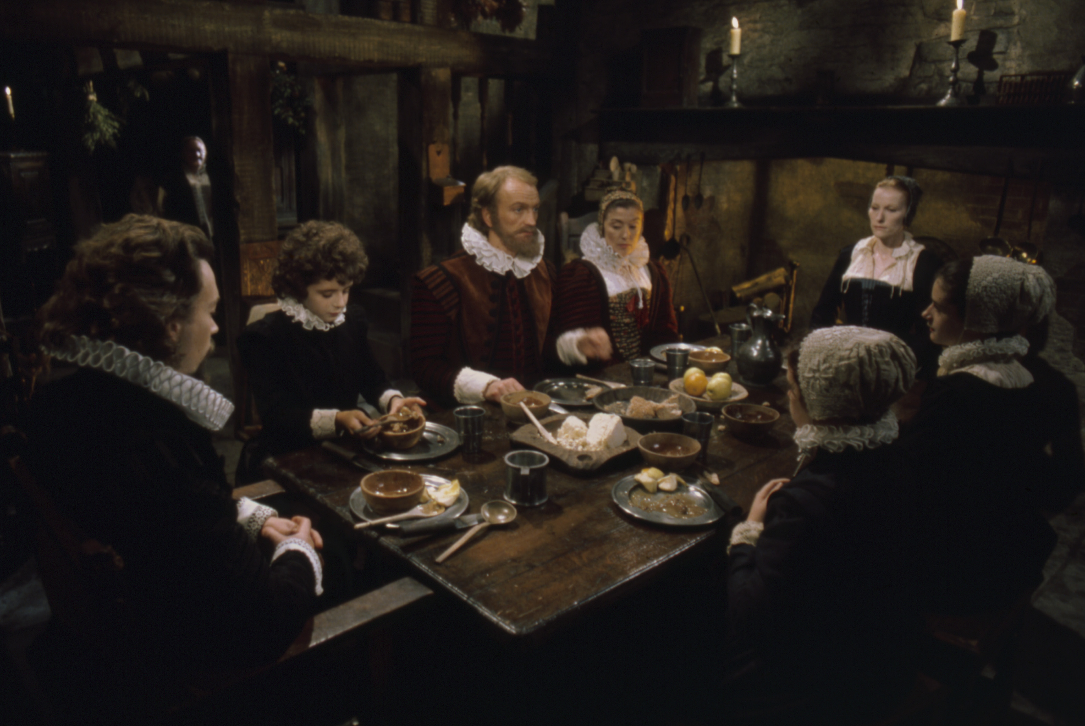 Meg Wynn Owen and her cast mates filming a scene in "Will Shakespeare" in Elstree, England, 1978. | Source: Getty Images
