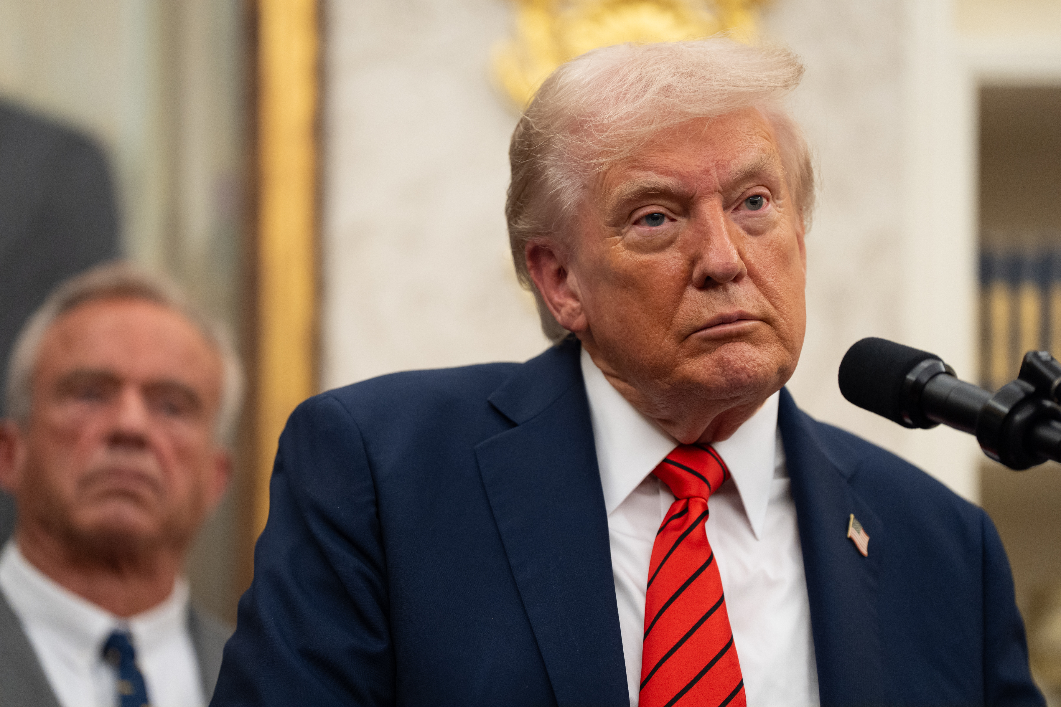 President Donald Trump at a press conference in the Oval Office of the White House on October 10, 2025 | Source: Getty Images