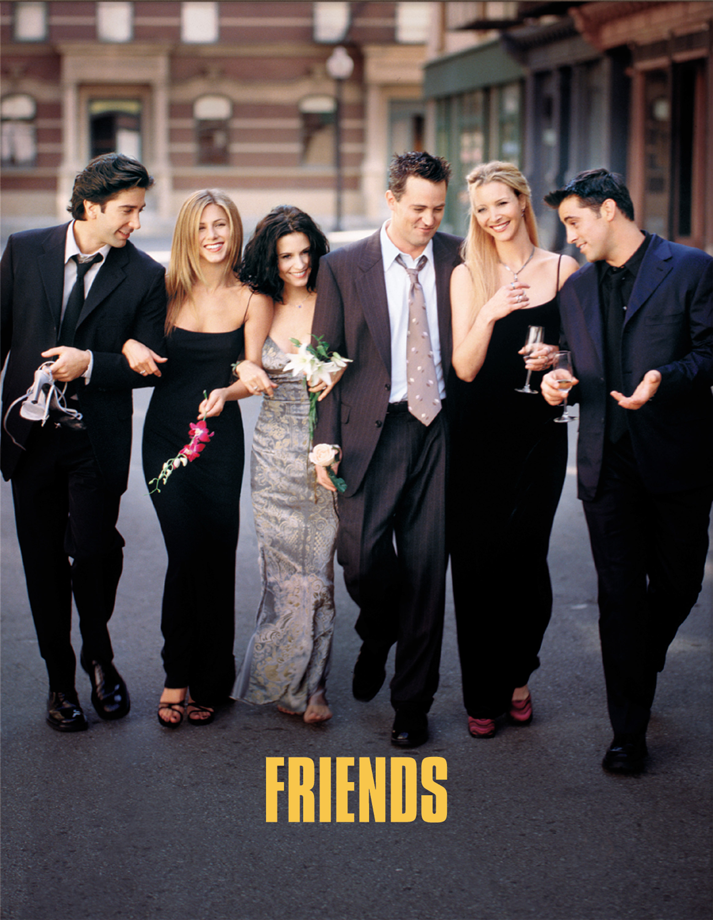 David Schwimmer, Jennifer Aniston, Courteney Cox, Matthew Perry, Lisa Kudrow, and Matt Leblanc in the set of "Friends," 2001 | Source: Getty Images