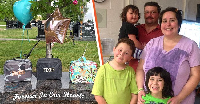 Lunchboxes and balloons on the gravestones of three young kids [left]; Parents with their children before their passing [right] | Source: facebook.com/jennifer.neville.lake