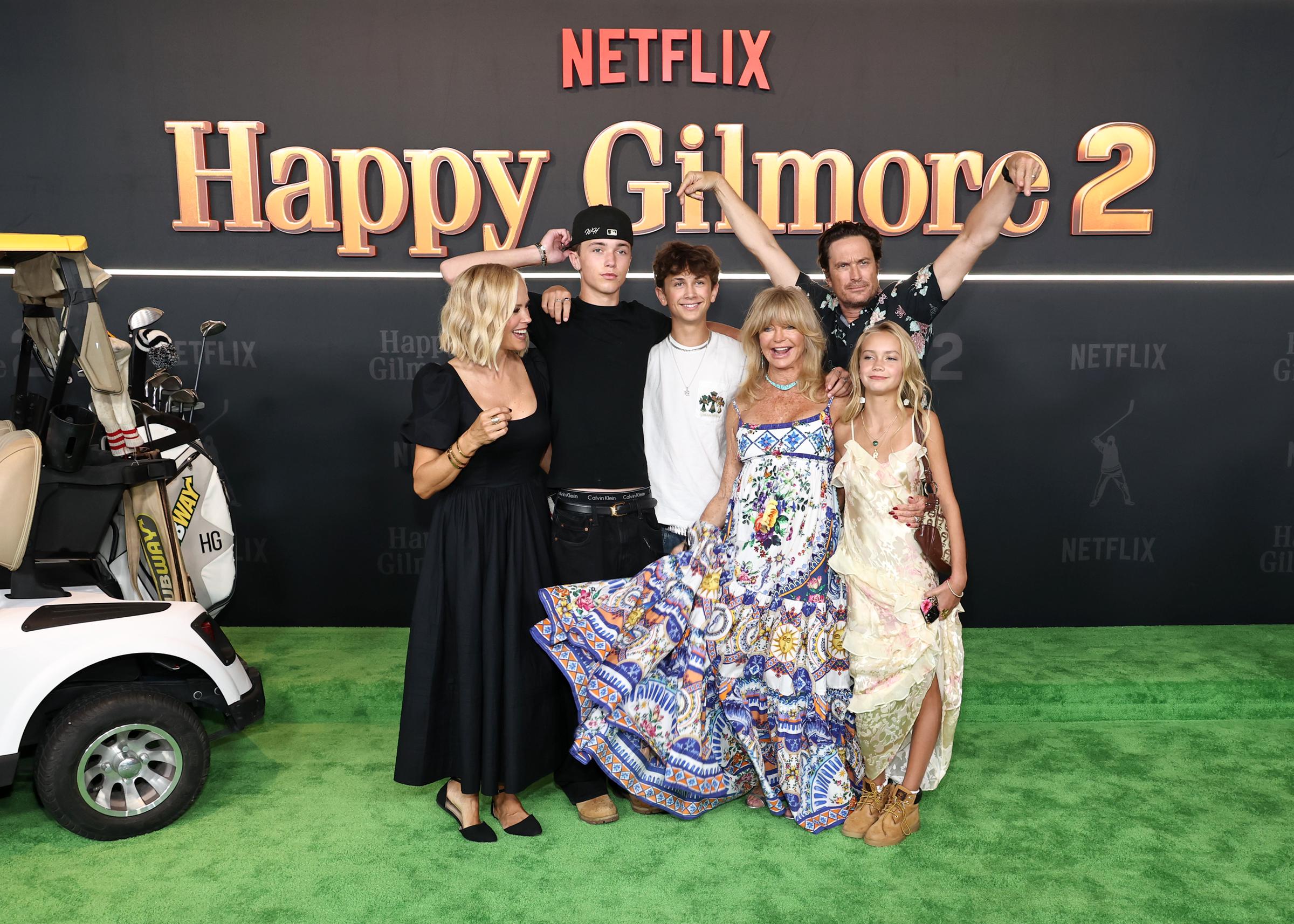 Erinn Bartlett and Goldie Hawn with Wilder, Bodhi, Oliver, and Rio Laura Hudson attend Netflix's "Happy Gilmore 2" New York Premiere at Jazz at Lincoln Center on July 21, 2025 in New York City | Source: Getty Images
