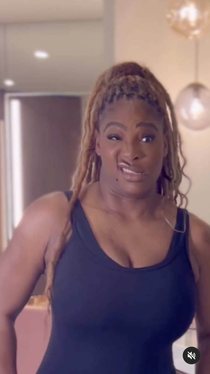 Serena Williams is making a funny face after struggling to fit into her Valentino denim skirt, as seen in a video dated January 29, 2024 | Source: Instagram/serenawilliams