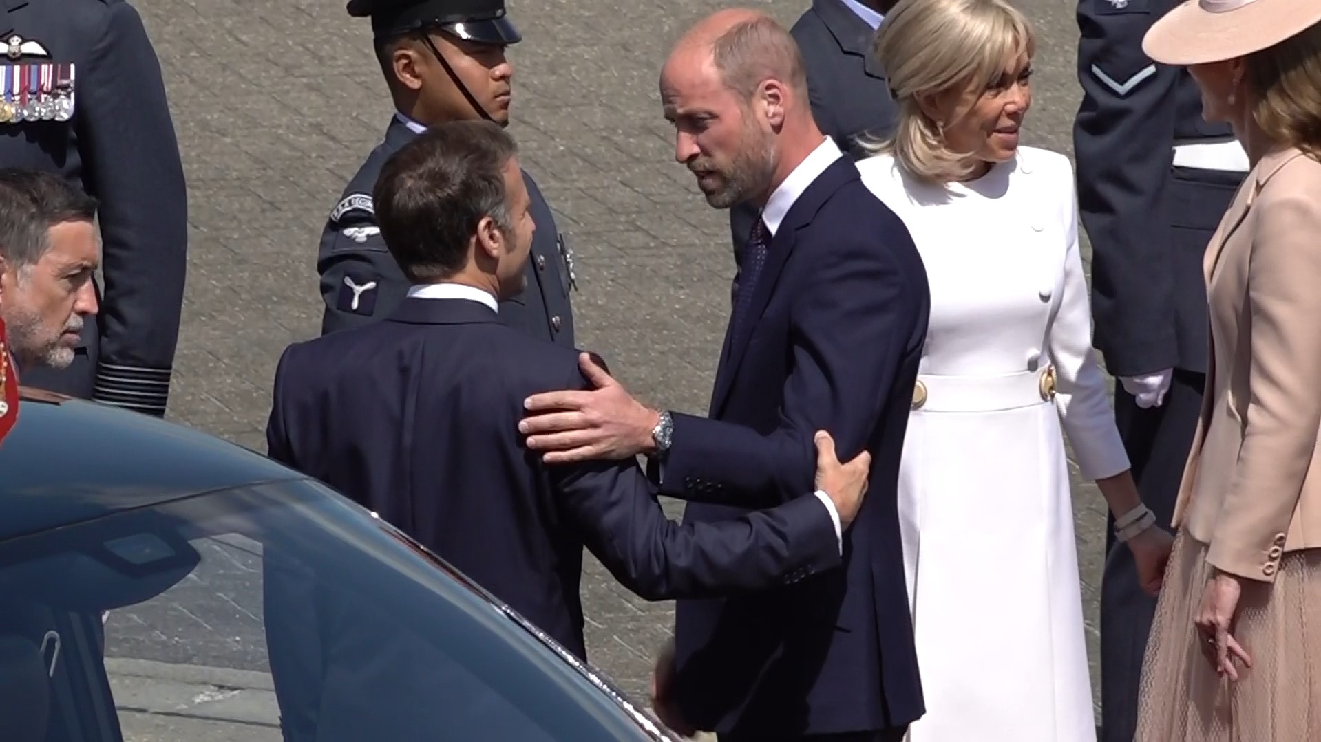 A screenshot of William, Prince of Wales, and Catherine, Princess of Wales, welcoming Emmanuel and Brigitte Macron upon their arrival at RAF Northolt on July 8, 2025. | Source: Getty Images