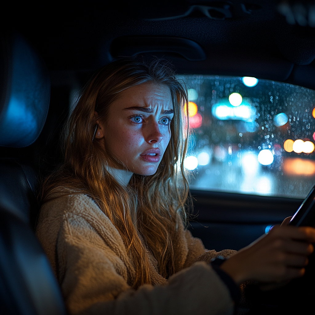 A woman looks shaken while driving a car at night | Source: Midjourney