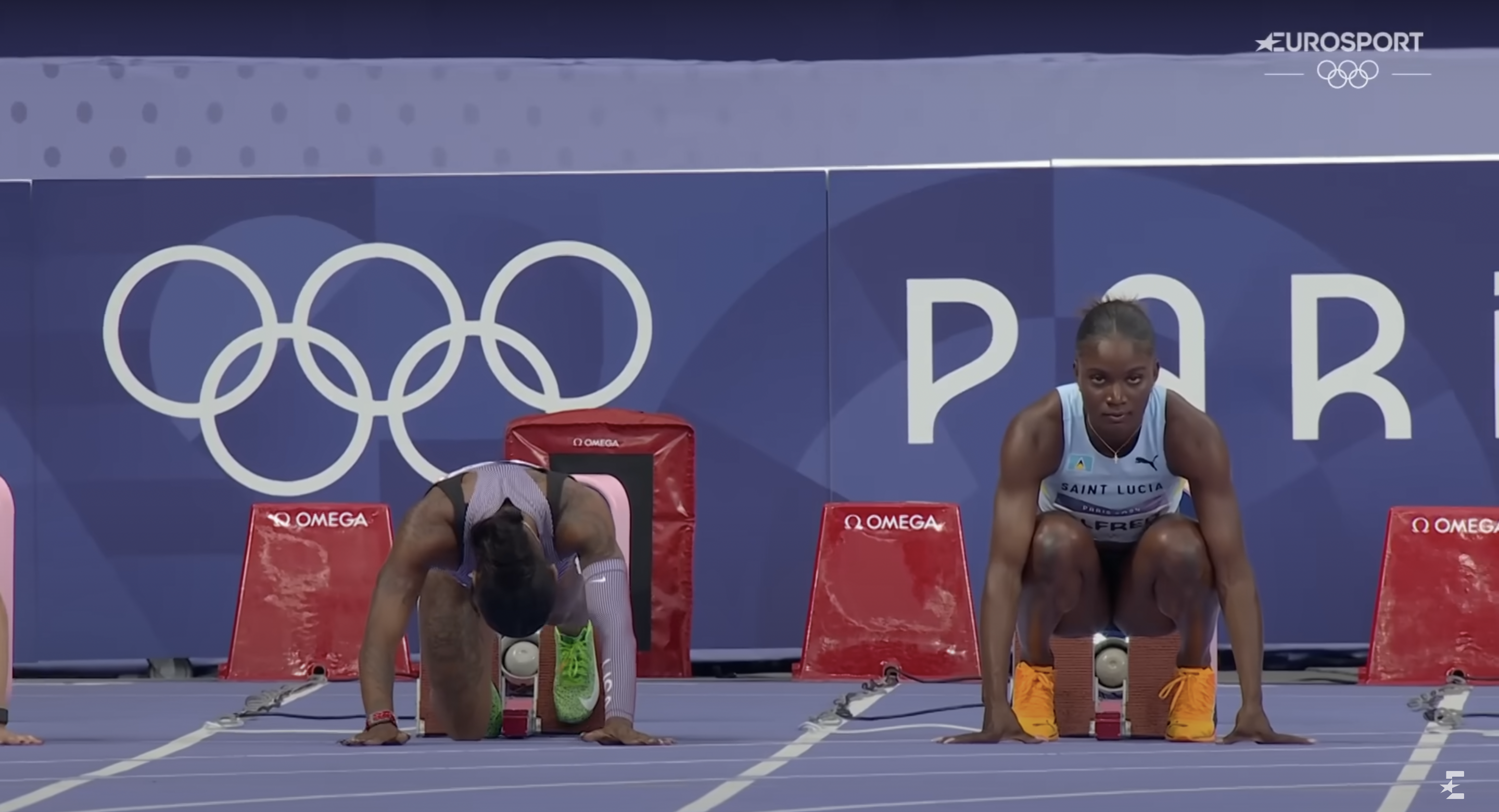 Sha'Carri Richardson and Julien Alfred during the women's 100m semifinals, posted on August 3, 2024 | Source: YouTube/Eurosport