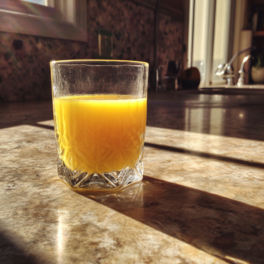 A glass of juice on a kitchen counter | Source: Midjourney