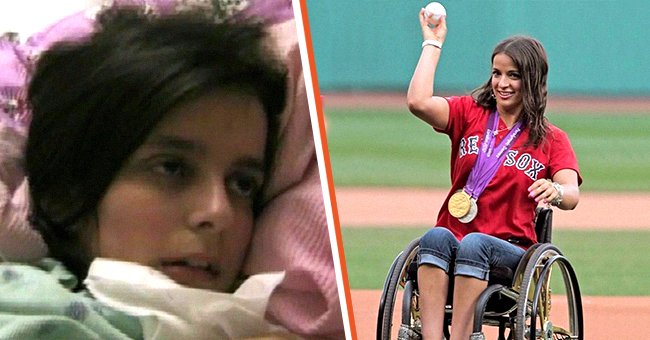 Victoria Arlen in the hospital [left]; Victoria Arlen in a wheelchair, throwing a ball at a baseball game while wearing her Paralympic swimming medals [right]. │Source: facebook.com/radiomaria instagram.com/arlenv1