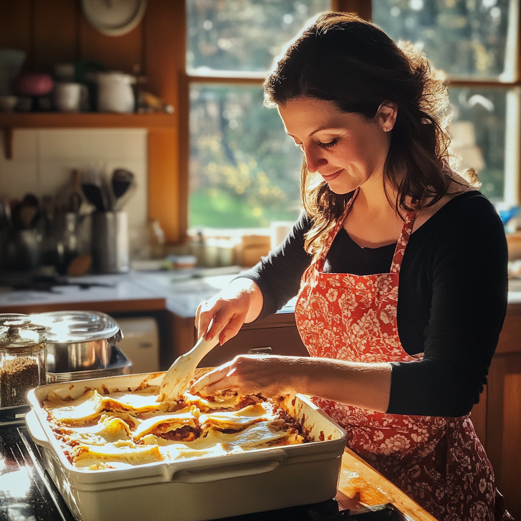 A woman making lasagna | Source: Midjourney