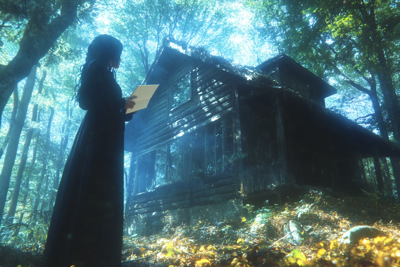 A woman standing outside an old cabin | Source: Midjourney