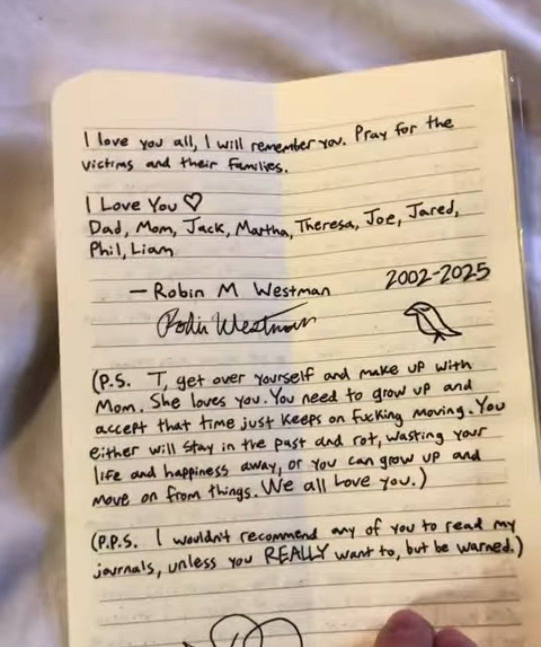 A page from the manifesto signed by Robin Westman, expressing apologies to family and asking for prayers for the victims | Source: Facebook/ChristinaAguayoNews