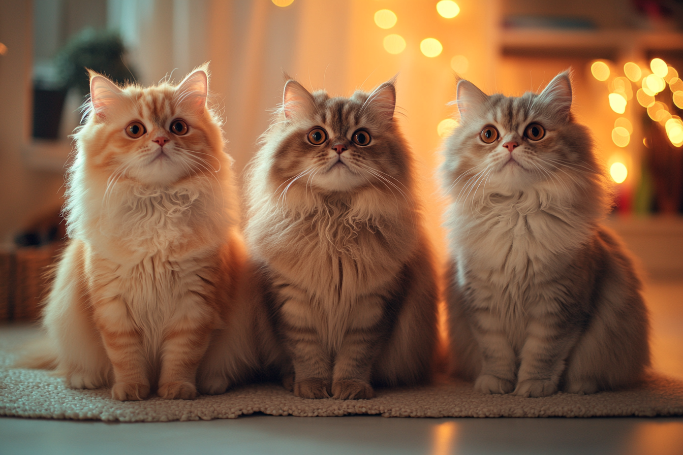 Three fluffy cats sitting on the floor | Source: Midjourney