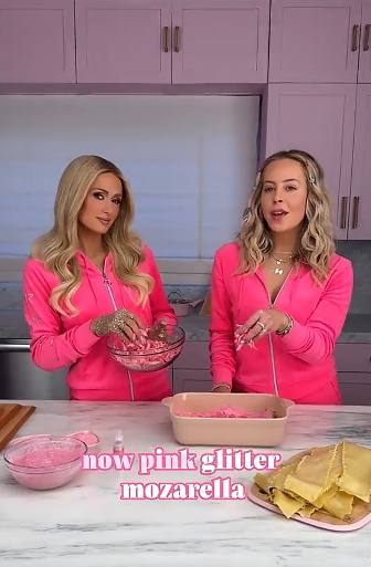 Paris Hilton prepares pink "sliving lasagna" in a TikTok video shared on February 20, 2024. | Source: TikTok/Paris Hilton