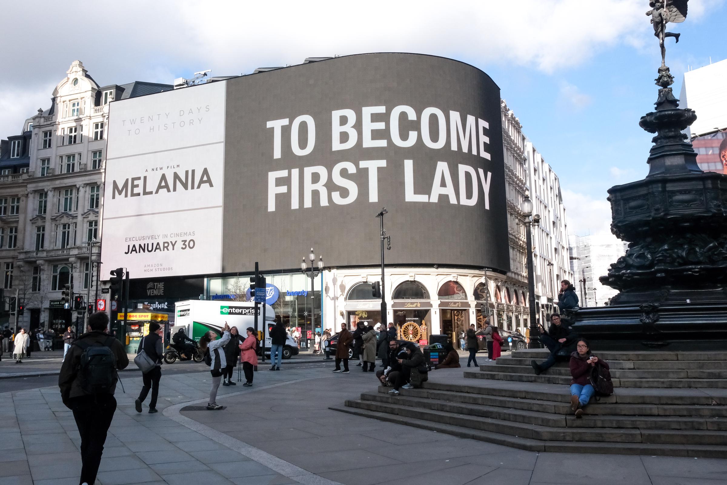"Melania: Twenty Days to History," Piccadilly lights advertising for the Amazon documentary of First Lady, Melania Trump taken in January 2026 | Source: Getty Images