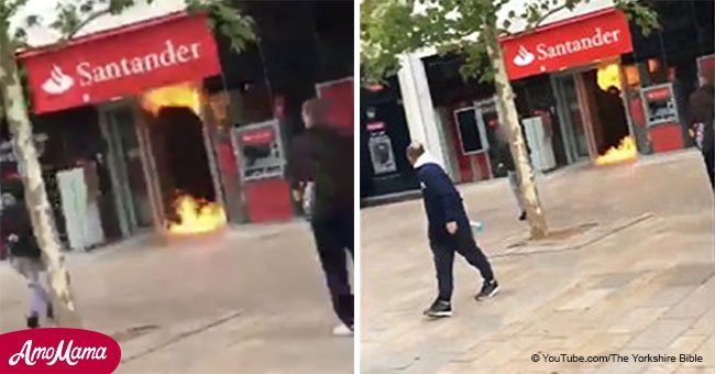 Shocking moment man launched a fire attack using petrol at the Hull bank