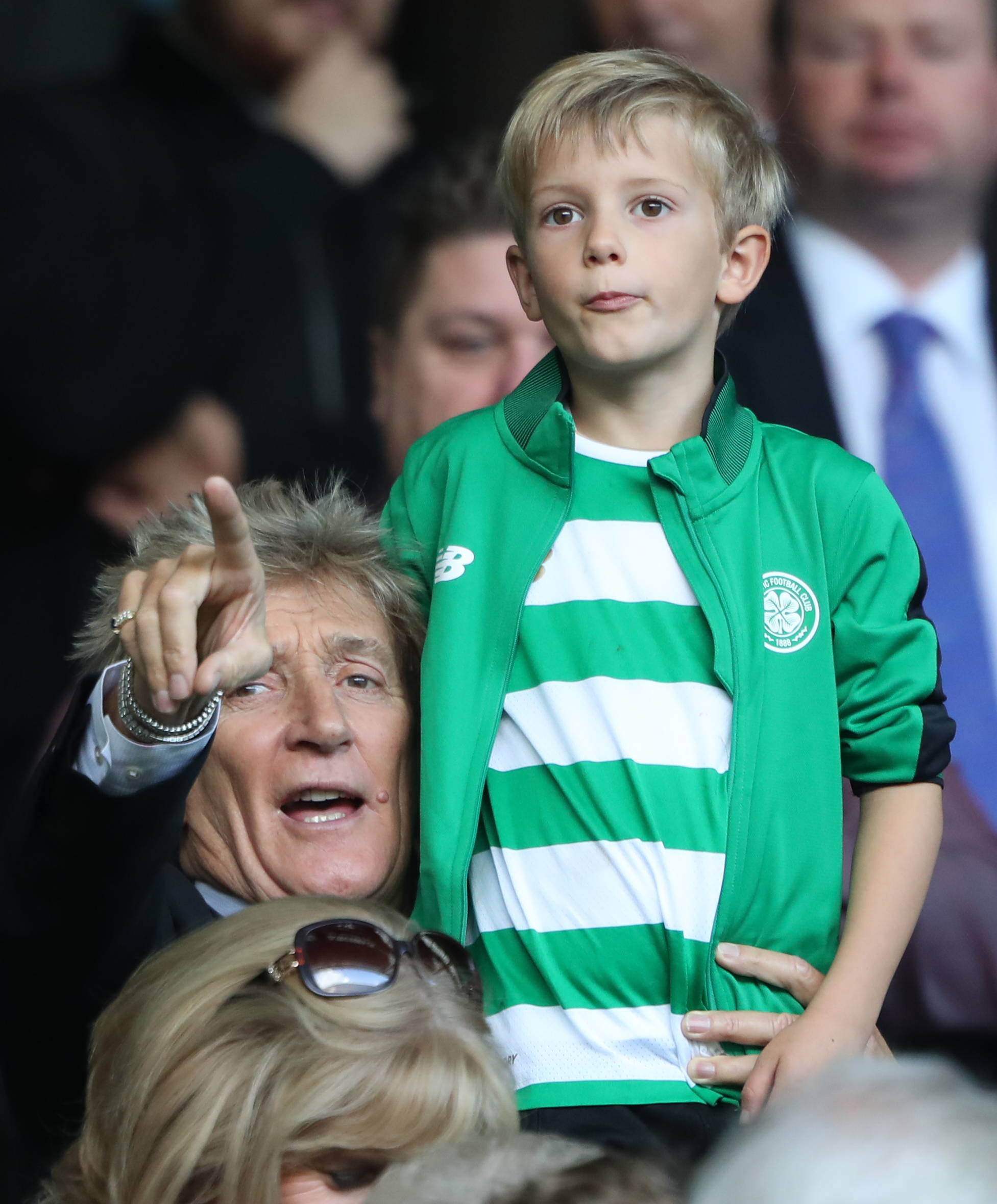 Rod Stewart and his son Aiden in the stands during the Ladbrokes Scottish Premiership match at Celtic Park, Glasgow | Source: Getty Images