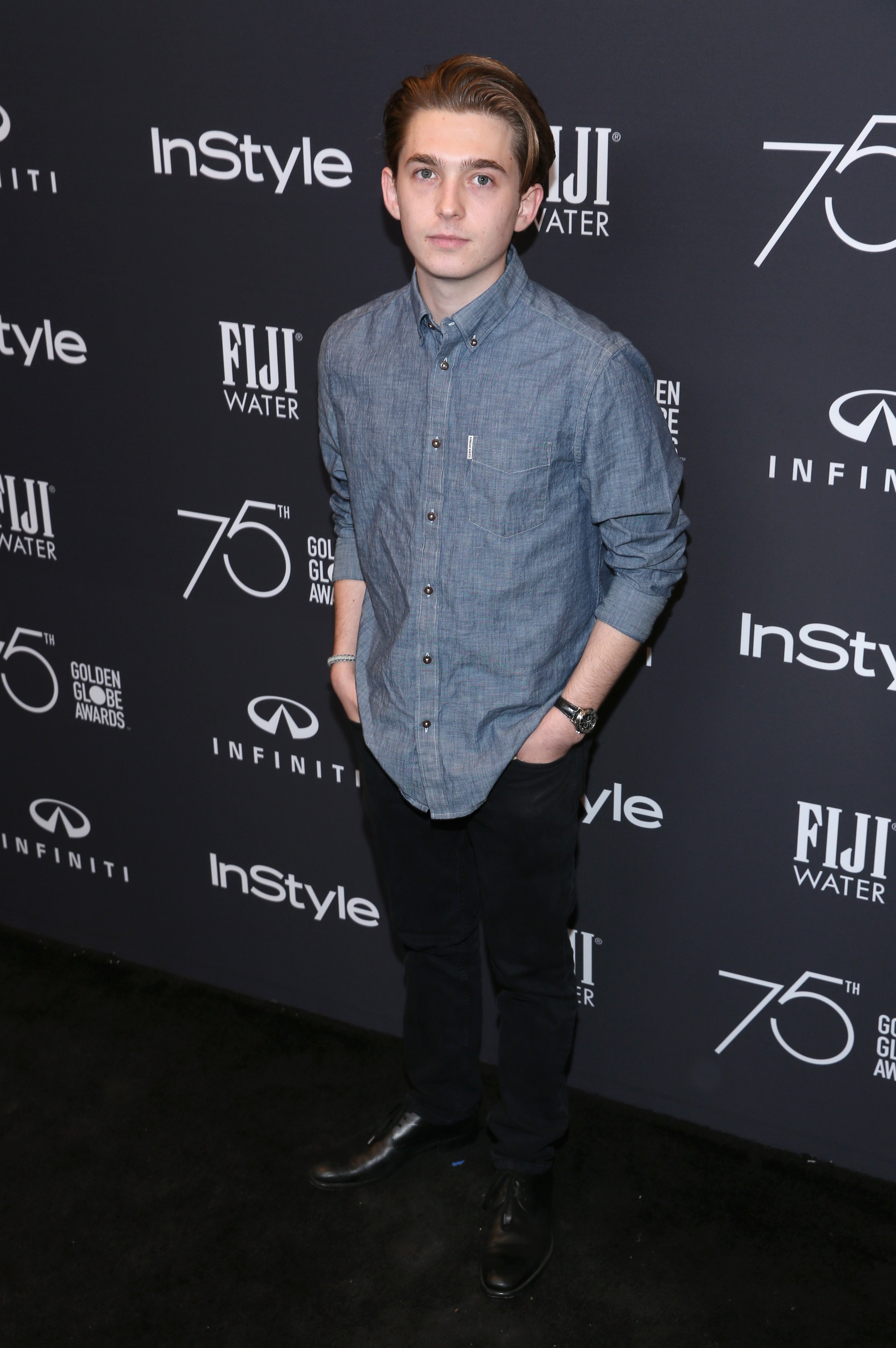Austin Abrams at the HFPA's and InStyle's Celebration of the 2018 Golden Globe Awards Season and the Unveiling of the Golden Globe Ambassador at Catch on November 15, 2017 in West Hollywood, California. | Source: Getty Images