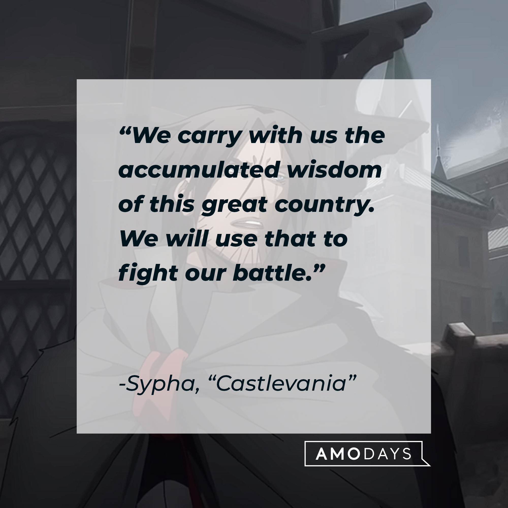 Sypha's quote from "Castlevania:" “We carry with us the accumulated wisdom of this great country. We will use that to fight our battle.” | Source: Youtube.com/Netflix
