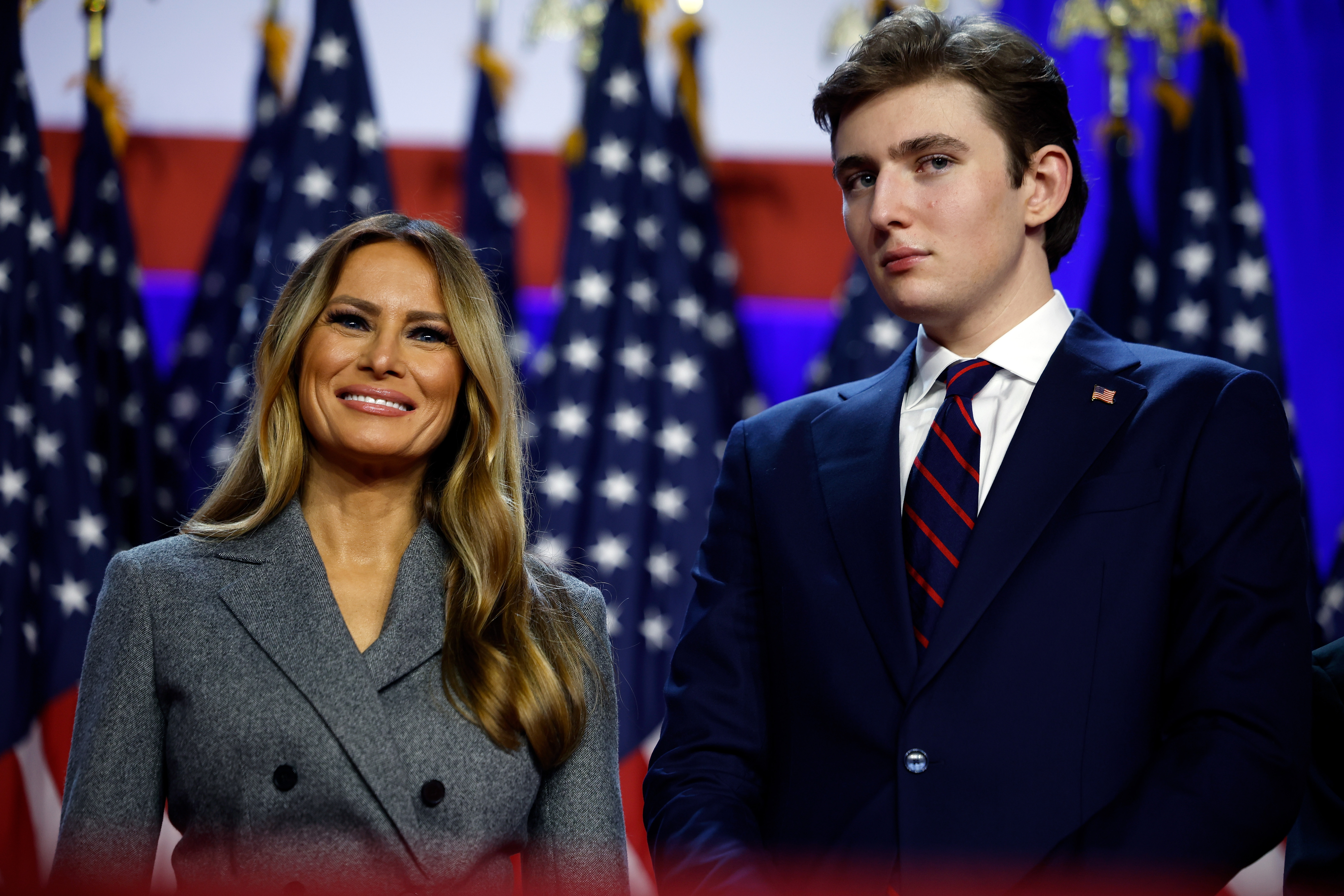 Melania Trump and Barron Trump look on as President Donald Trump speaks during an election night event at the Palm Beach Convention Center on November 6, 2024, in Florida. | Source: Getty Images