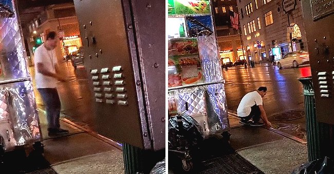 Food cart worker washes his rag in a rainwater puddle right next to his truck | Photo: TikTok/g2bbie