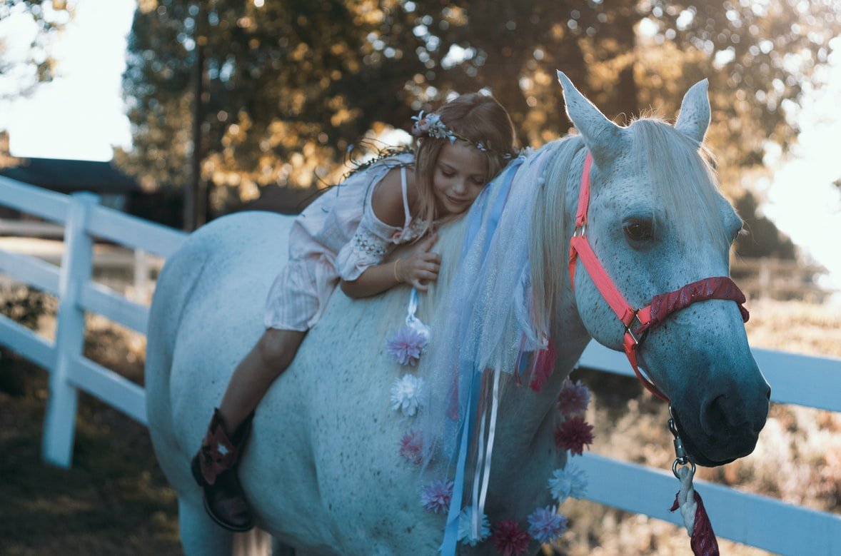 Una niña abraza a un hermoso caballo blanco. | Foto: Unsplash