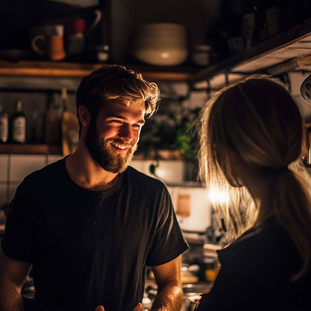 A smiling man talking to his wife | Source: Midjourney