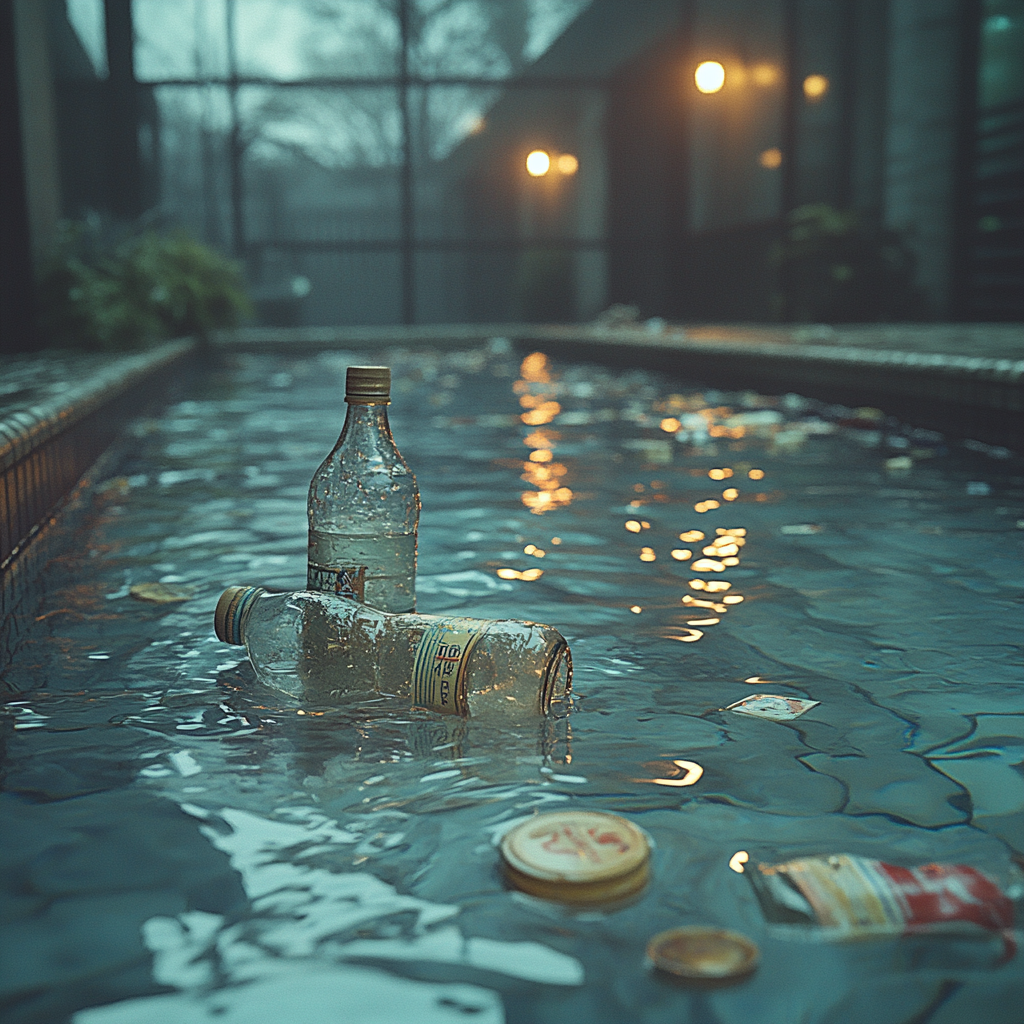 Trash floating in the pool | Source: Midjourney