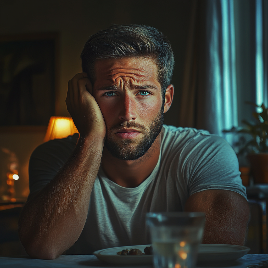 An agitated man seated at a dining table | Source: Midjourney