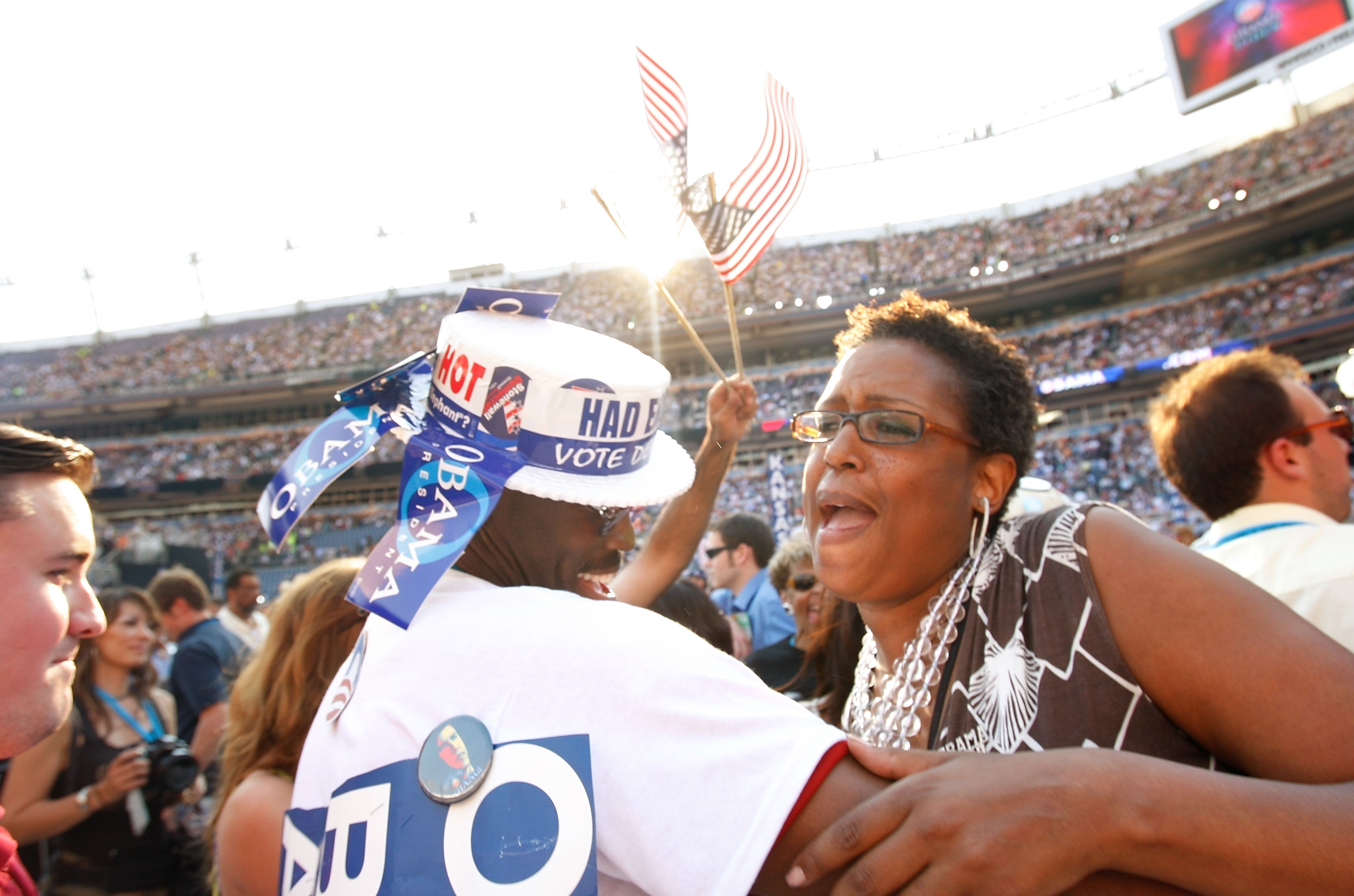 Karen Russell dancing with Seattle delegate Chris Porter at Invesco Field in 2008. | Source: Getty Images