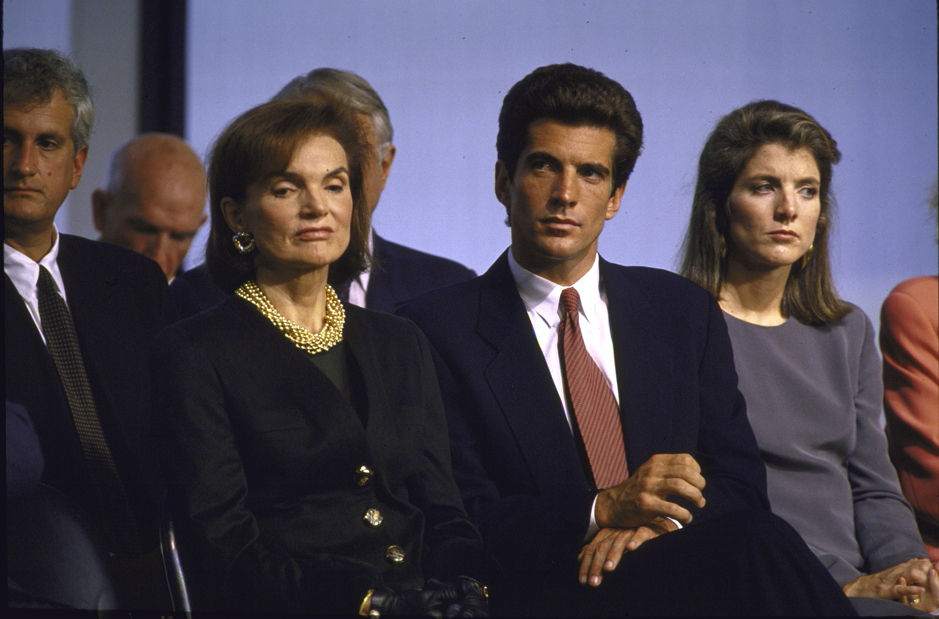Jacqueline Kennedy Onassis, John Jr., Caroline Kennedy, and Edwin Schlossberg at the opening of the renovated John F. Kennedy Library in 1993 | Source: Getty Images