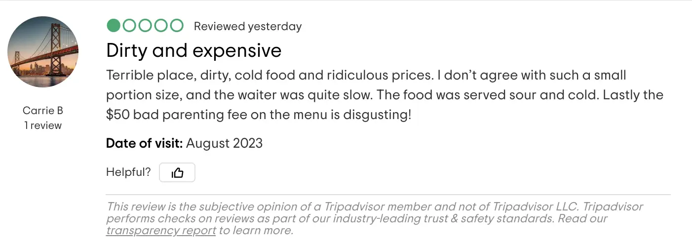 A negative customer review on the Toccoa Riverside Restaurant | Source: tripadvisor.com