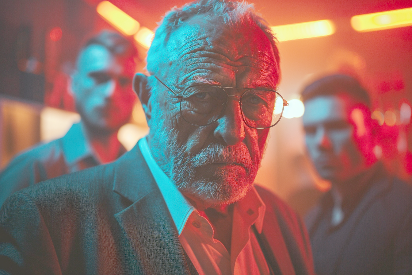 Old man flanked by bouncers in a nightclub | Source: Midjourney
