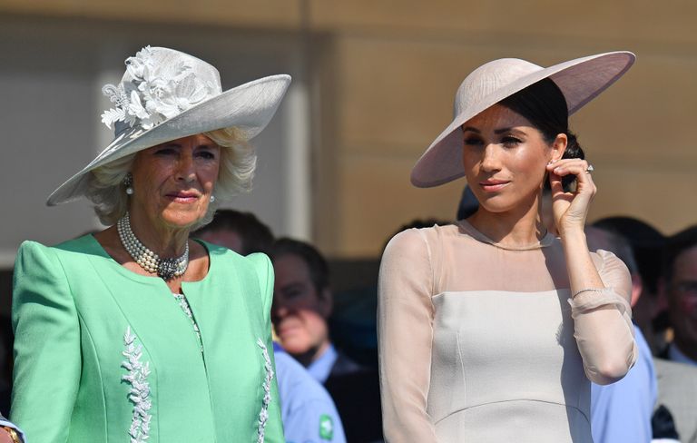 La duchesse Camilla et la duchesse Meghan lors de la garden party du 70e anniversaire du prince Charles au palais de Buckingham à Londres, le 22 mai 2018. | Source : Getty Images