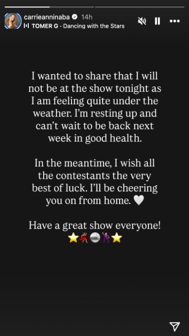 Carrie Ann Inaba'a Instagram Story post explaining her absence, posted on September 16, 2025. | Source: Instagram/carrieanninaba