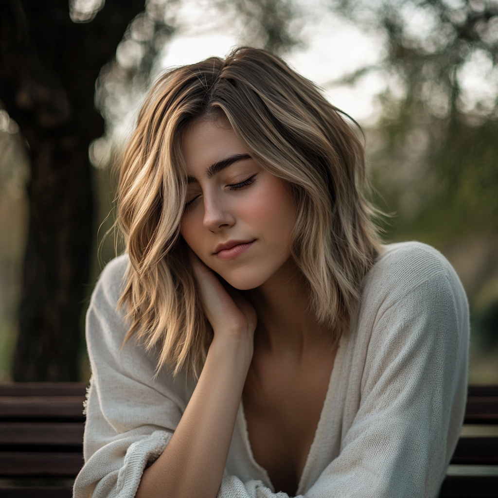 A tired woman sitting on a bench with her eyes closed | Source: Midjourney