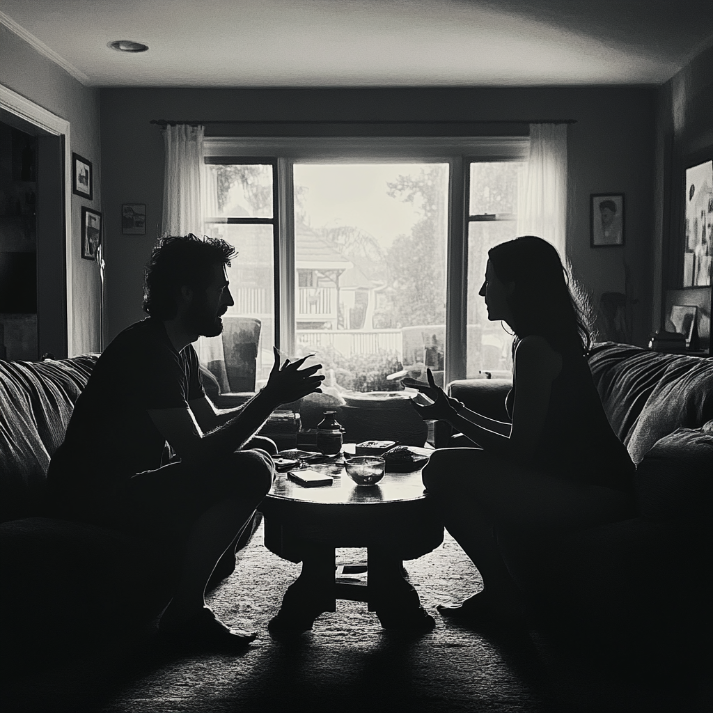 Couple seated in a living room | Source: Midjourney