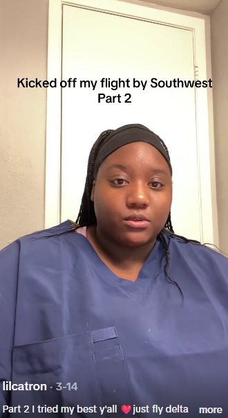 Catron continued her account in a second TikTok posted on 14 March 2026, detailing what happened after she was told she would not be boarding her flight. | Source: TikTok/@lilcatron
