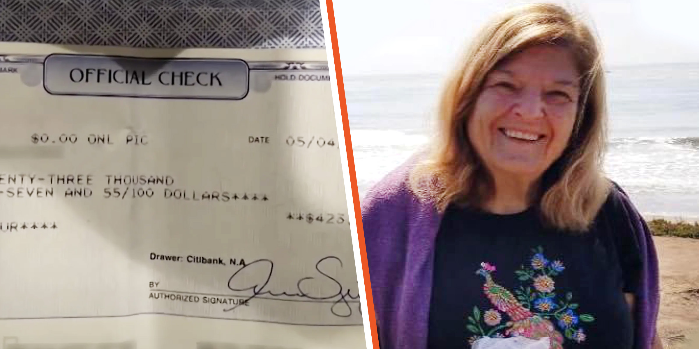 Karen Vinacour's check, 2019 | Karen Vinacour, 2020 | Source: YouTube.com/NBCNewYork | Facebook.com/karen.vinacour