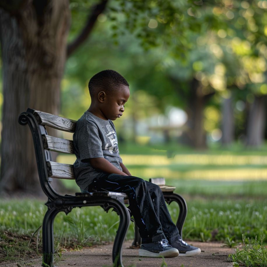 A black boy sitting alone on a bench in a park | Source: Midjourney