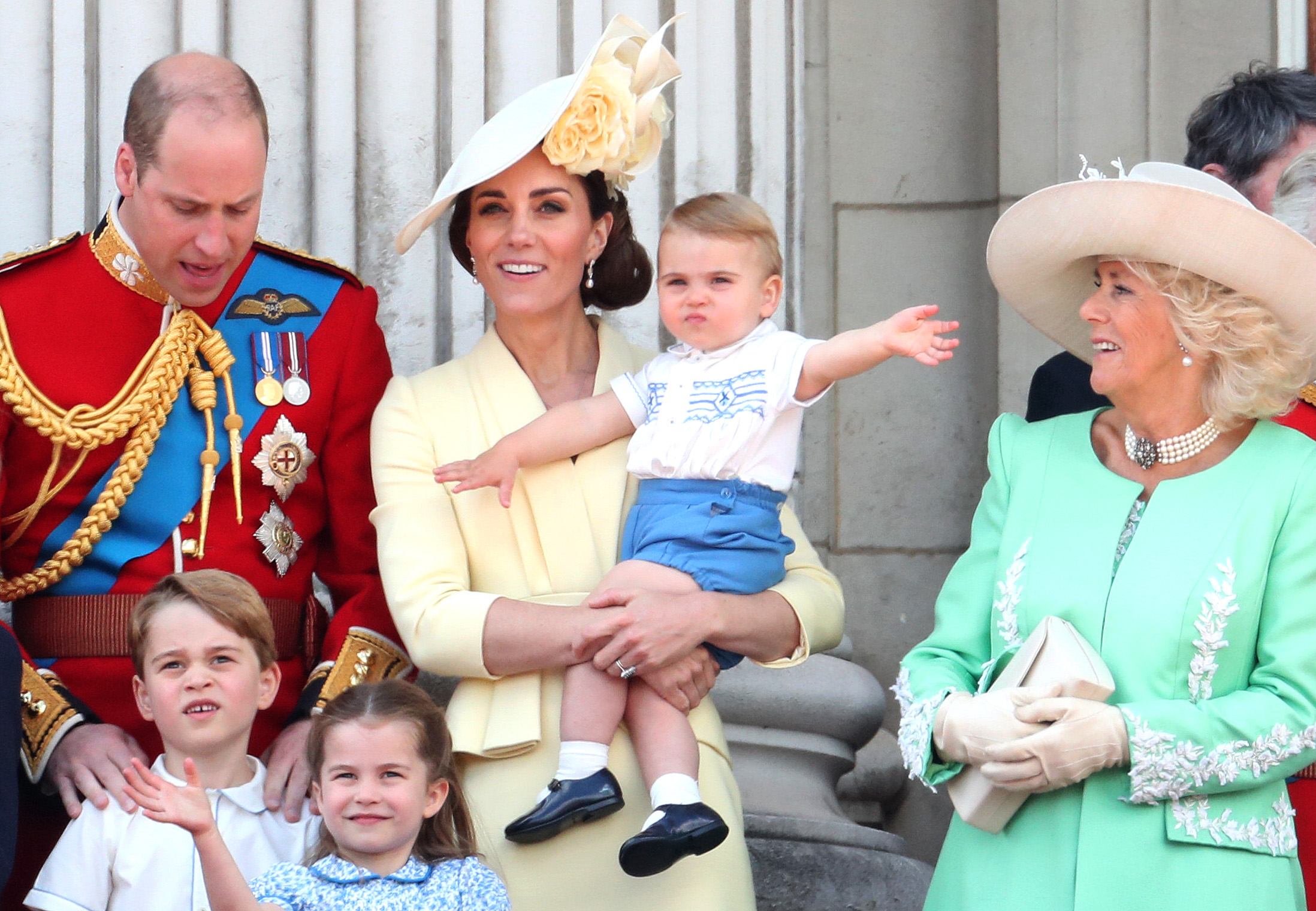 Prince William, Prince George, Princess Charlotte, Princess Catherine, Prince Louis, and Queen Camilla, on the balcony during the Trooping The Colour parade on June 8, 2019, in London. | Source: Getty Images