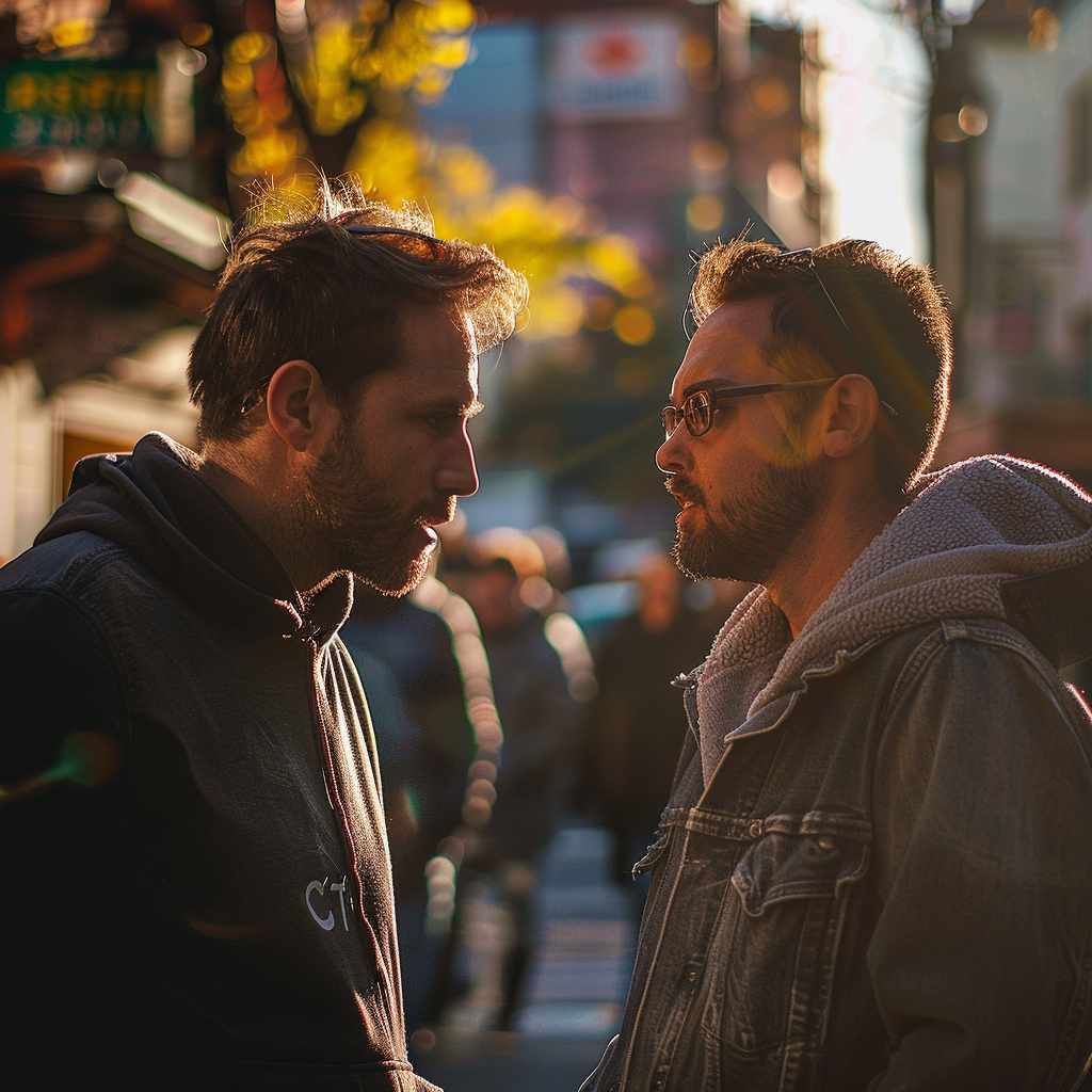 Two men chatting in a street | Source: Midjourney