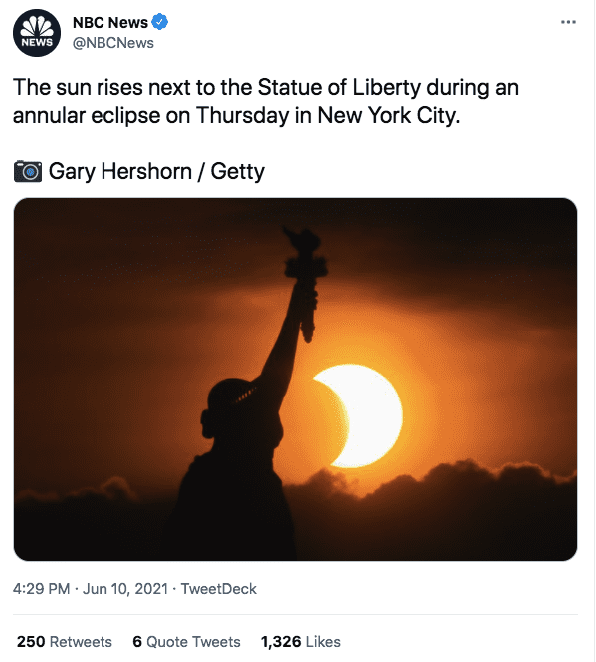 A screenshot of the statue of liberty with a quarter moon | Photo: twitter.com/NBC News