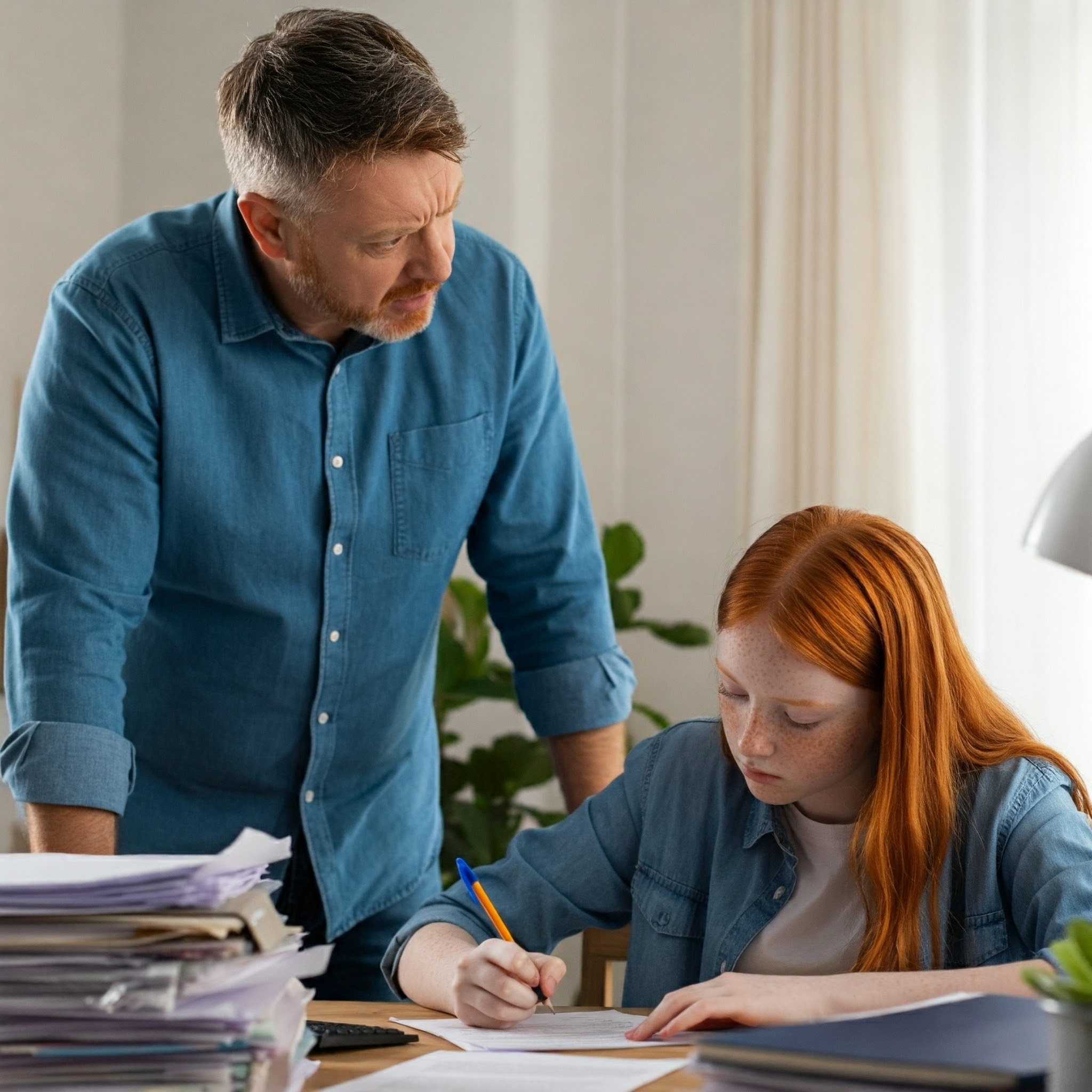 A man looking angry while a teenager studies | Source: Gemini