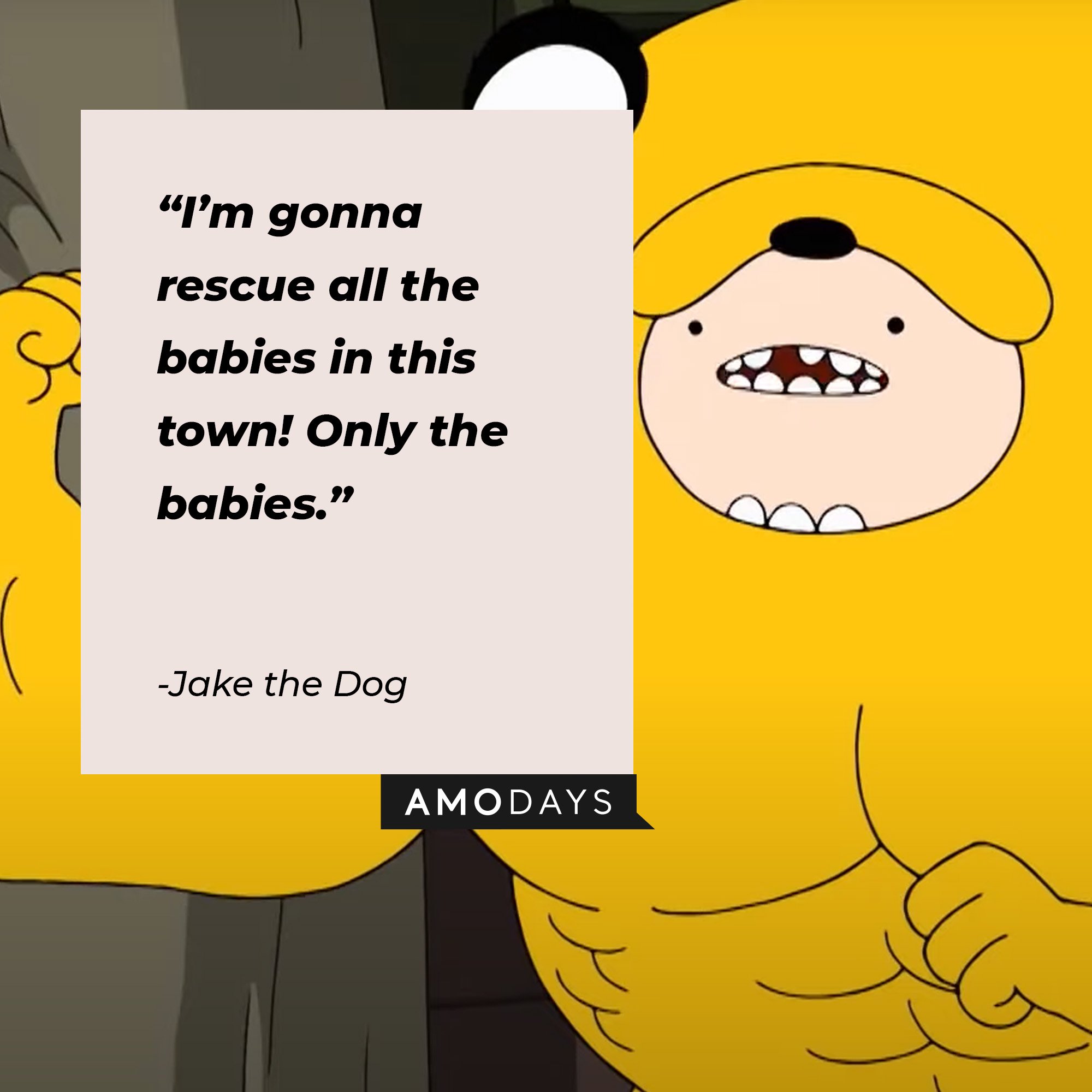    Jake the Dog’s quote: “I’m gonna rescue all the babies in this town! Only the babies.”  |  Image: AmoDays