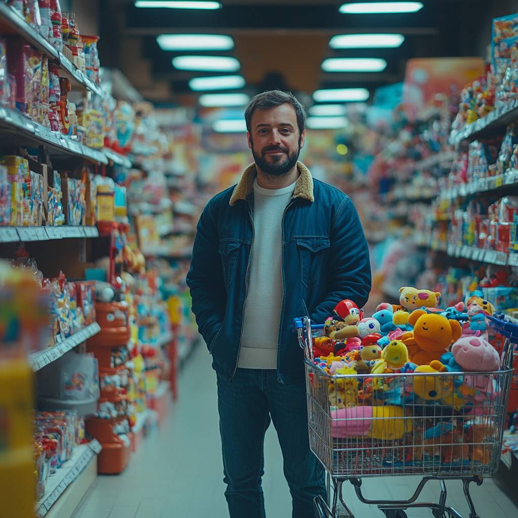 A man in a store standing with a cart full of kids' toys | Source: Midjourney