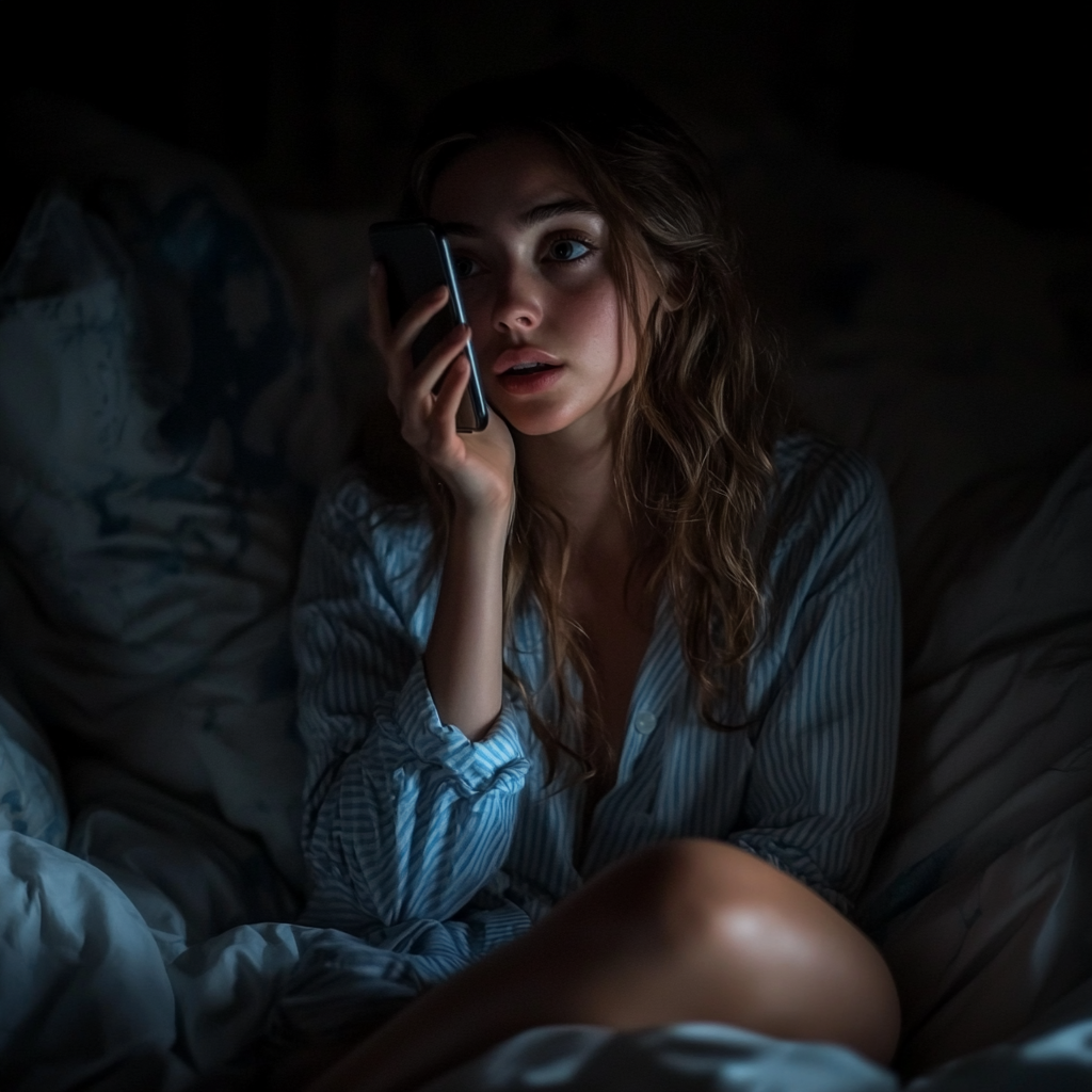 A woman talking on her phone at night | Source: Midjourney