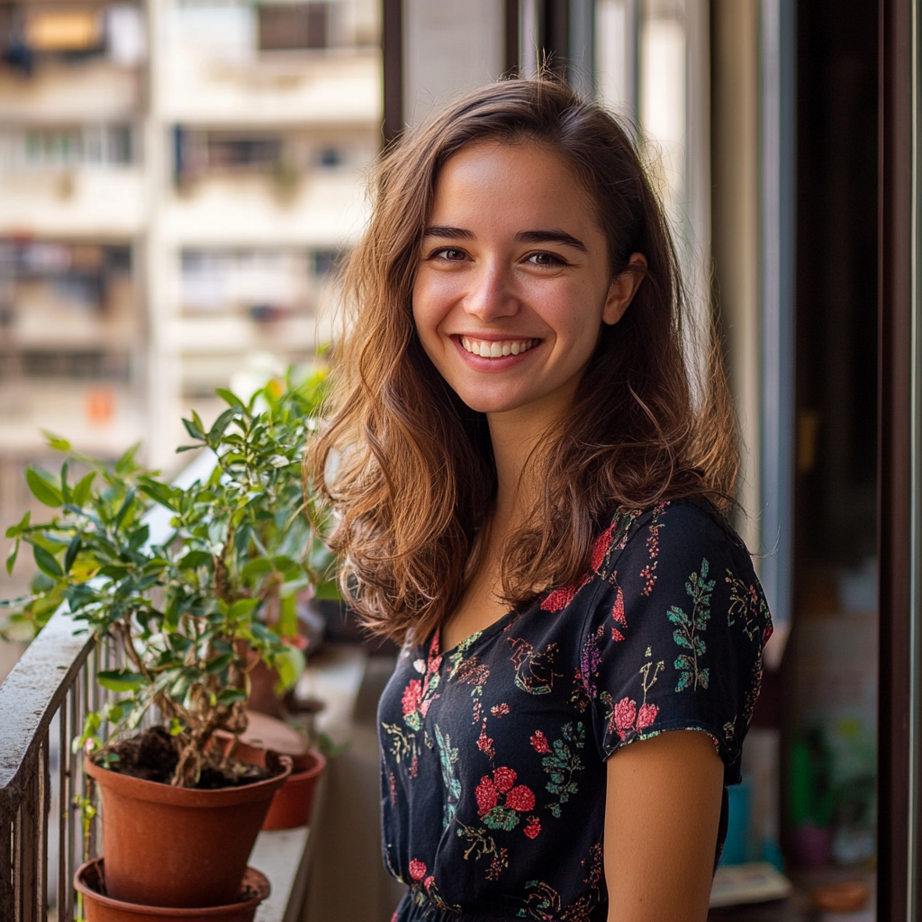 Uma mulher sorridente em uma sacada | Fonte: Midjourney