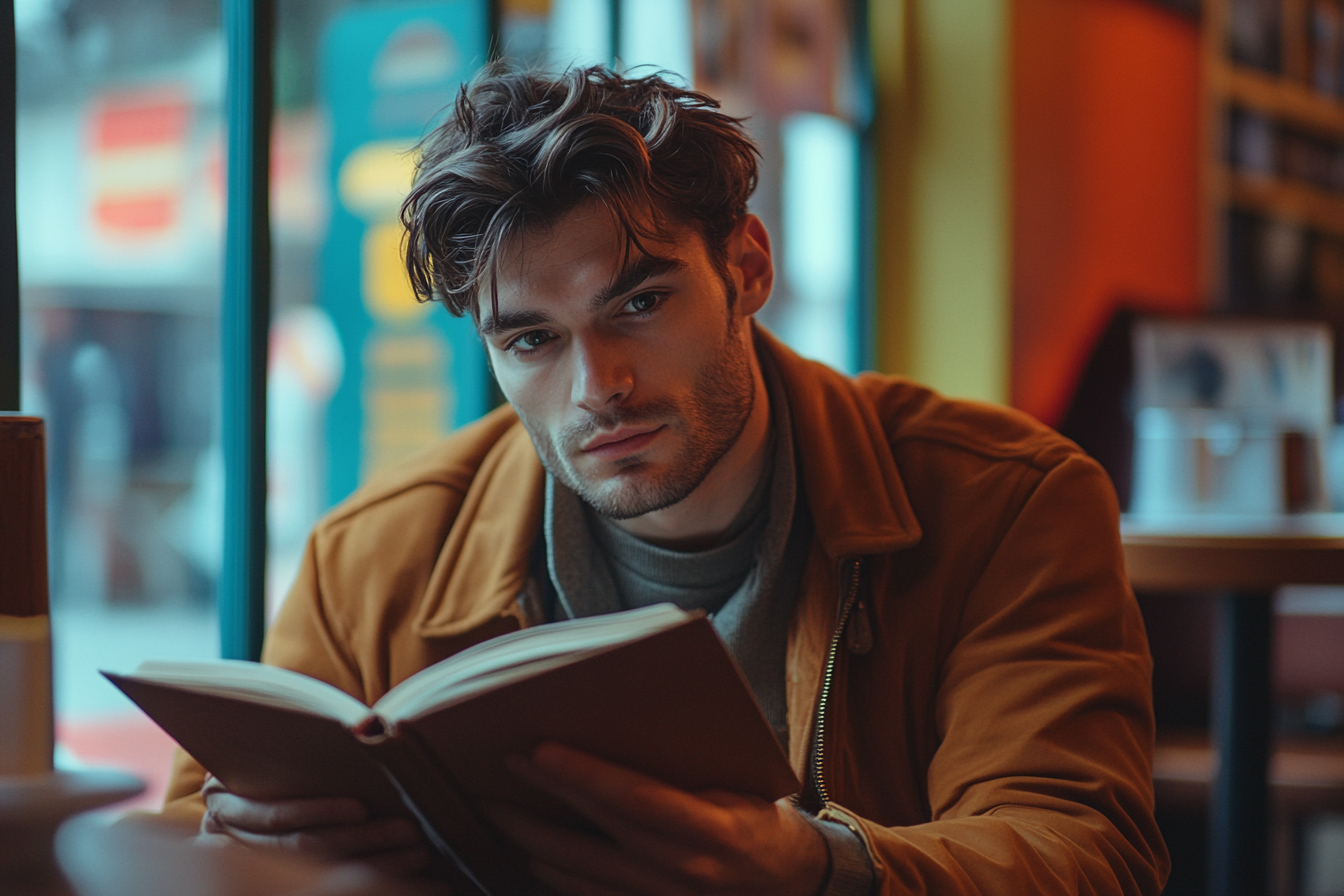 A man with a book in a coffee shop | Source: Midjourney